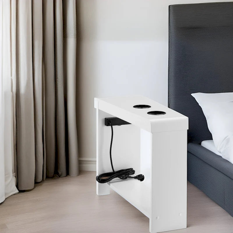 Table d'appoint étroite avec station de charge - Table de chevet avec rangement, 2 prises de courant et 2 ports USB
