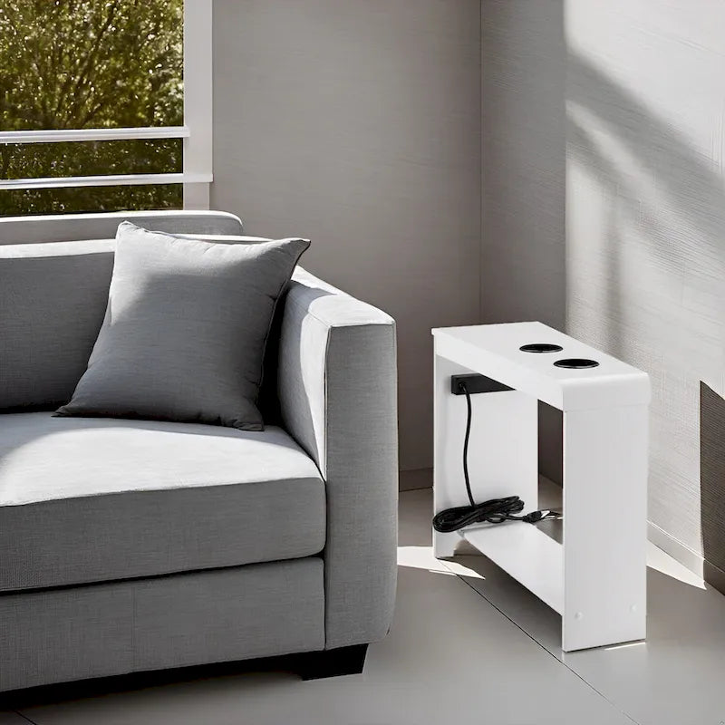 Table d'appoint étroite avec station de charge - Table de chevet avec rangement, 2 prises de courant et 2 ports USB