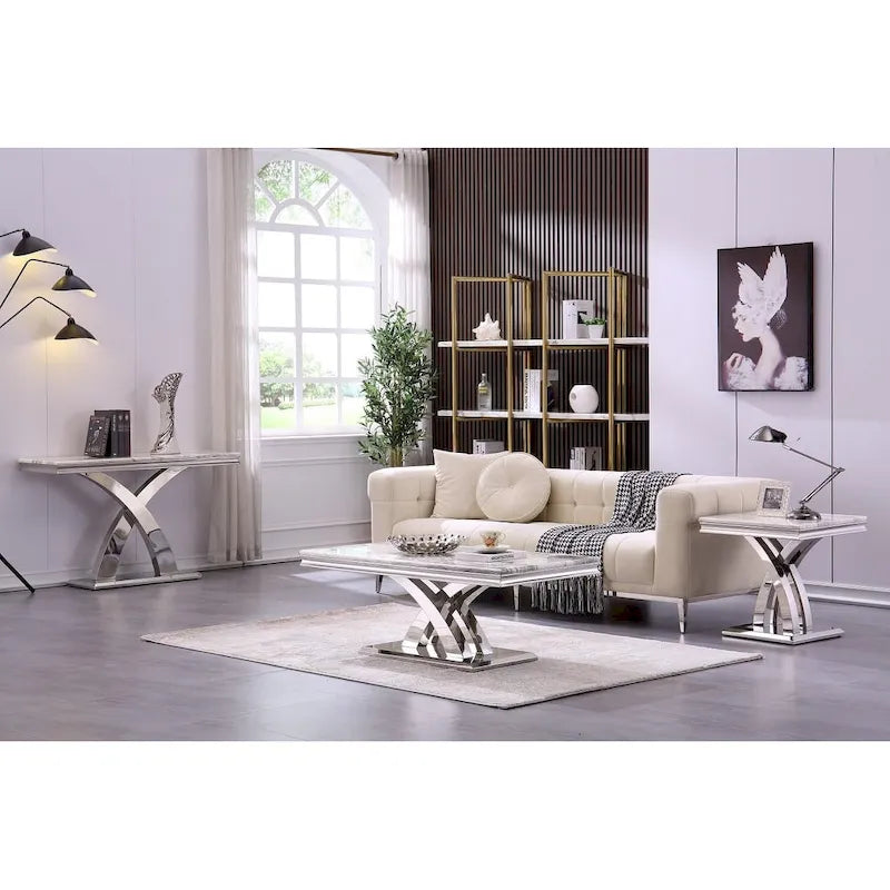 Table d'appoint moderne de 22 pouces grise et argentée avec base en X en acier inoxydable poli