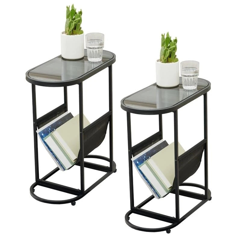 Tables d'appoint ovales étroites, lot de 2 tables d'extrémité avec rangement organisateur