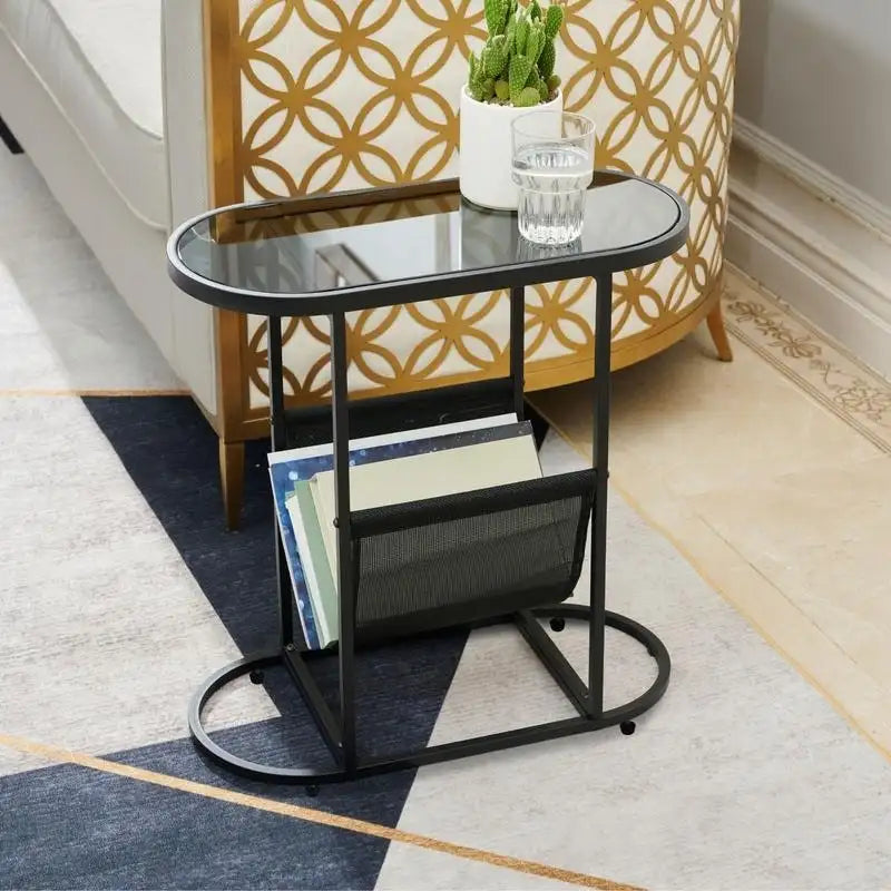 Tables d'appoint ovales étroites, lot de 2 tables d'extrémité avec rangement organisateur