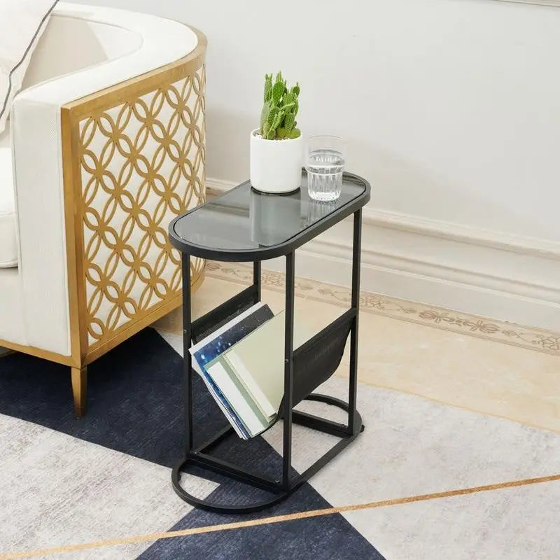 Tables d'appoint ovales étroites, lot de 2 tables d'extrémité avec rangement organisateur