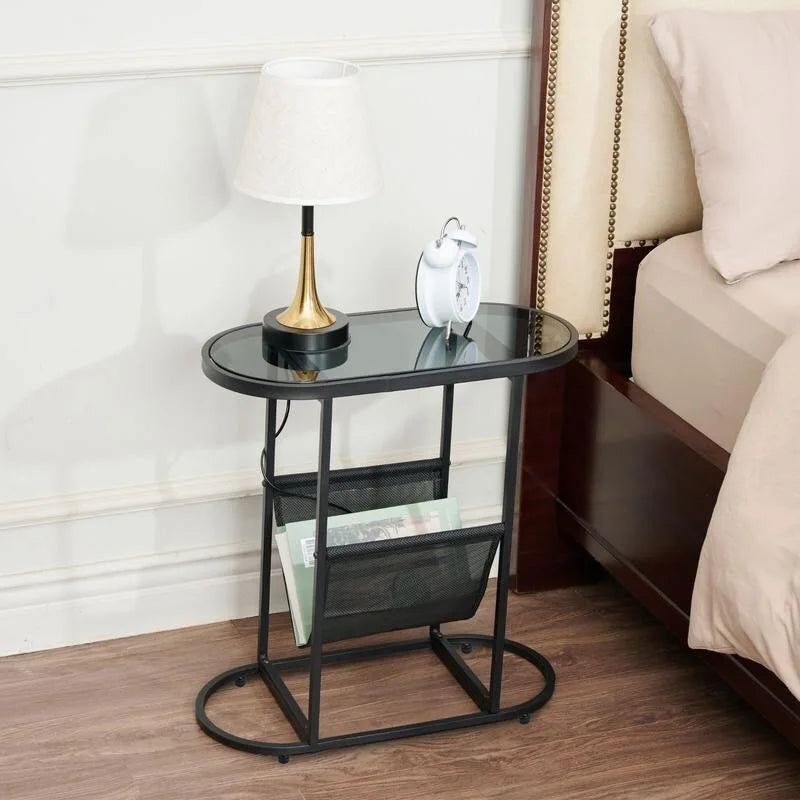 Tables d'appoint ovales étroites, lot de 2 tables d'extrémité avec rangement organisateur