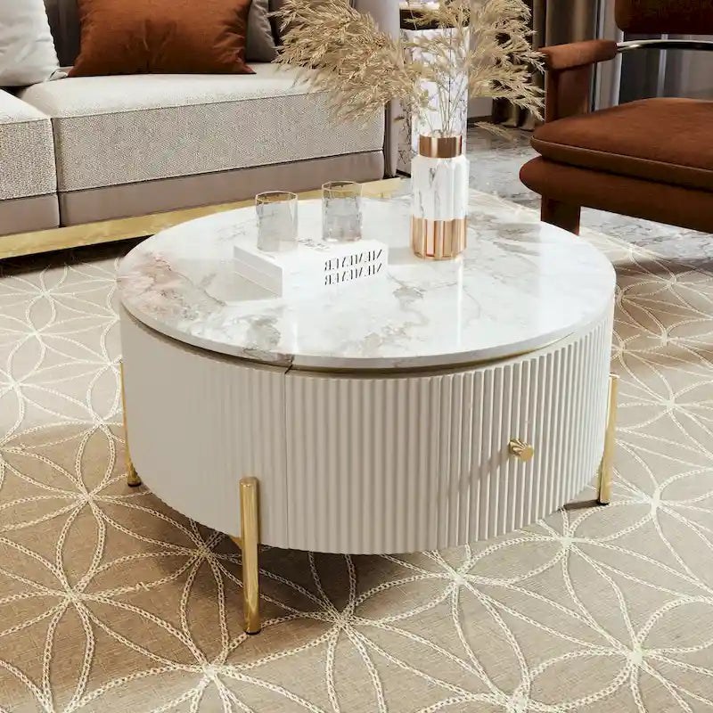 Table basse ronde moderne avec 2 grands tiroirs de rangement
