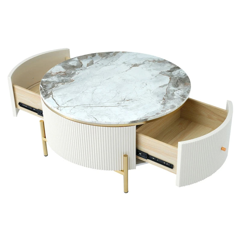 Table basse ronde moderne avec 2 grands tiroirs de rangement
