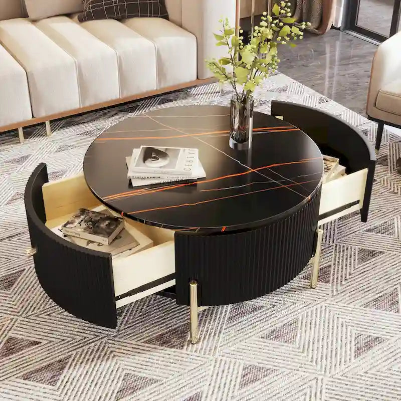 Table basse ronde moderne avec 2 grands tiroirs de rangement