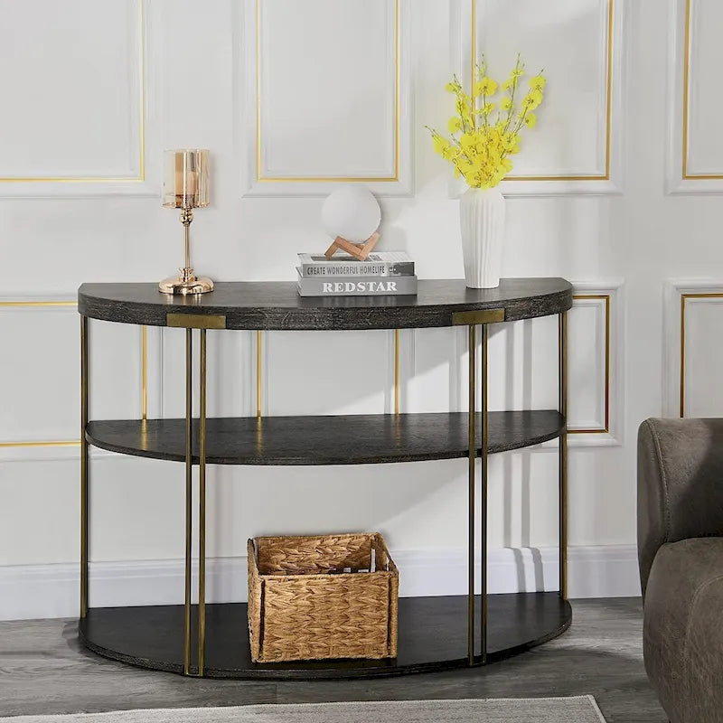 Table basse ronde à 2 niveaux avec étagère de rangement en bois massif
