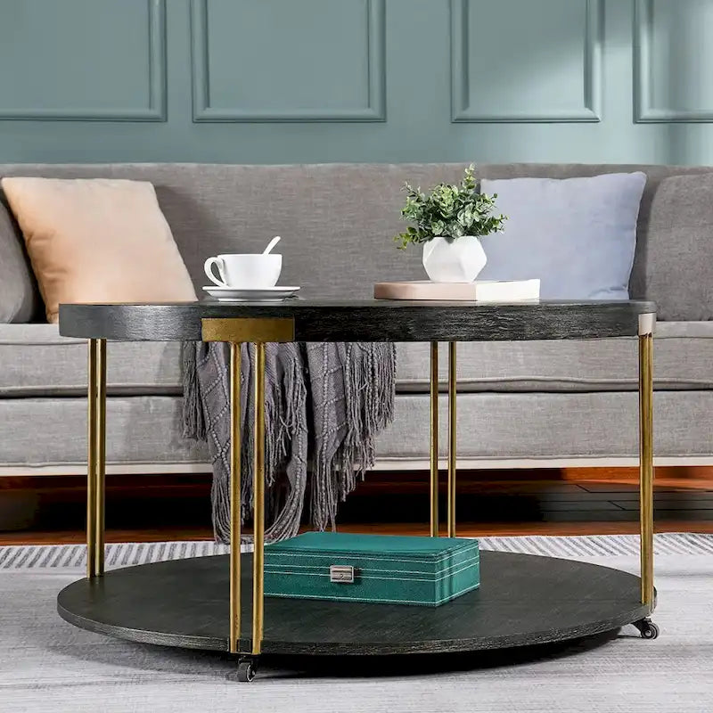 Table basse ronde à 2 niveaux avec étagère de rangement en bois massif