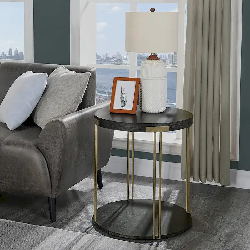 Table basse ronde à 2 niveaux avec étagère de rangement en bois massif