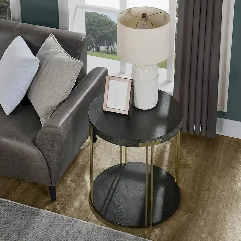 Table basse ronde à 2 niveaux avec étagère de rangement en bois massif