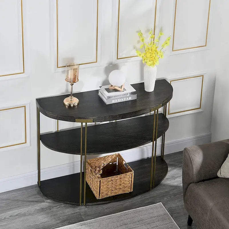 Table basse ronde à 2 niveaux avec étagère de rangement en bois massif