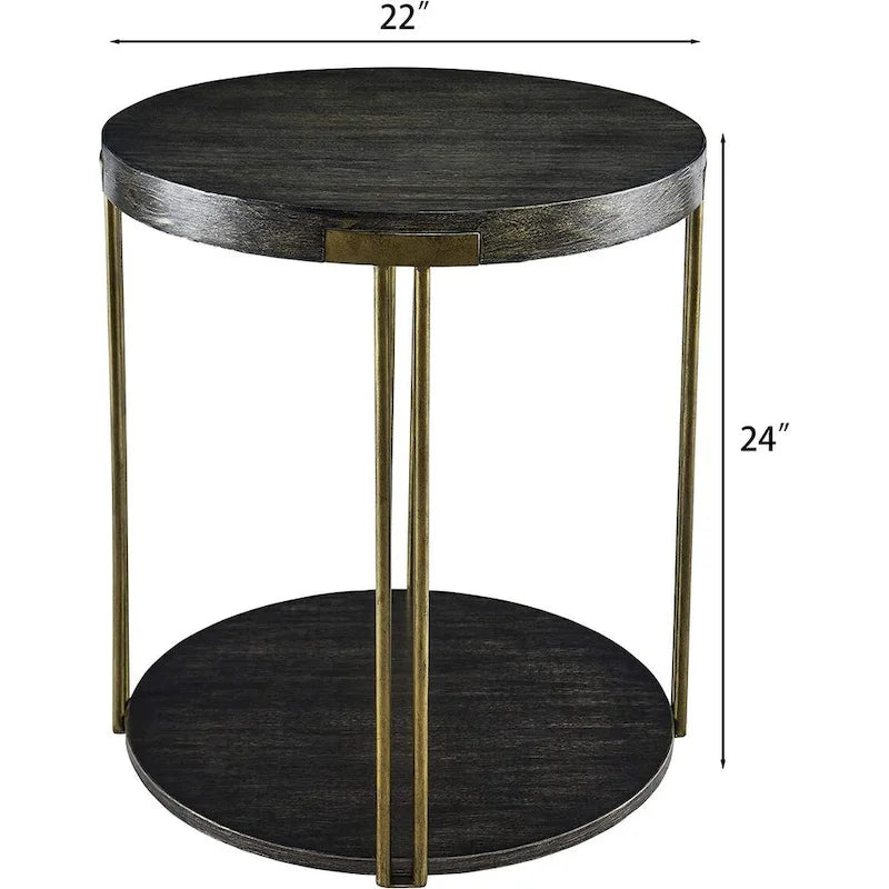Table basse ronde à 2 niveaux avec étagère de rangement en bois massif