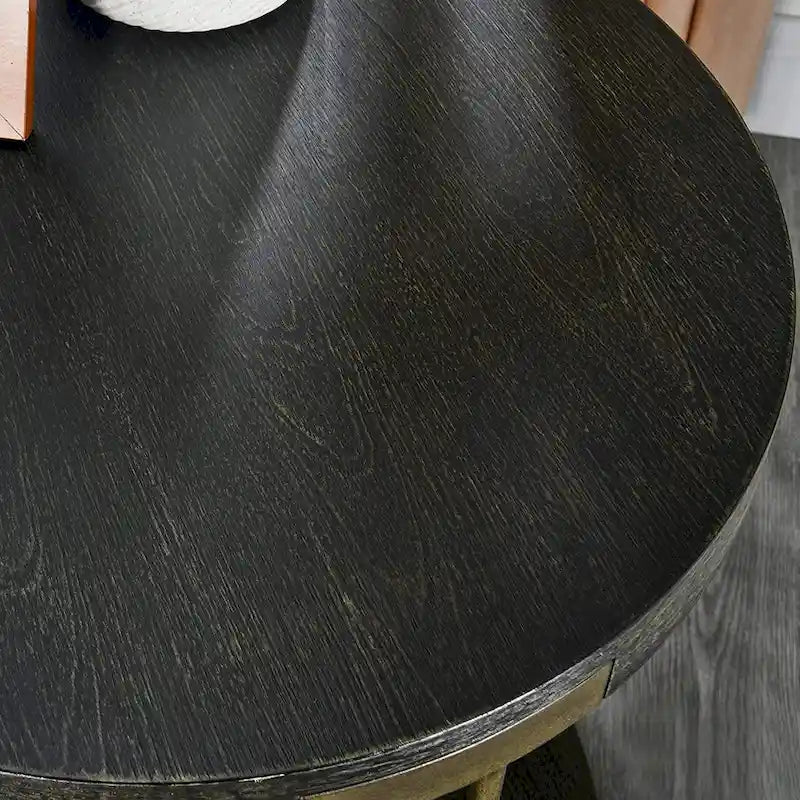 Table basse ronde à 2 niveaux avec étagère de rangement en bois massif