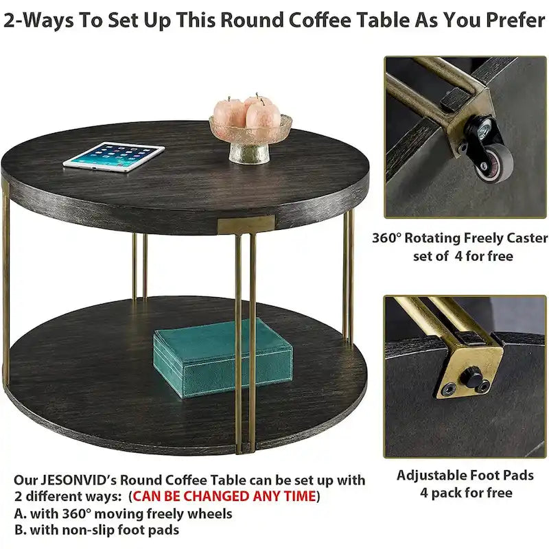 Table basse ronde à 2 niveaux avec étagère de rangement en bois massif