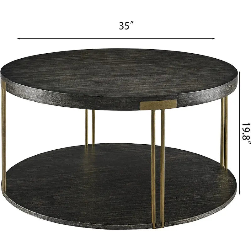 Table basse ronde à 2 niveaux avec étagère de rangement en bois massif