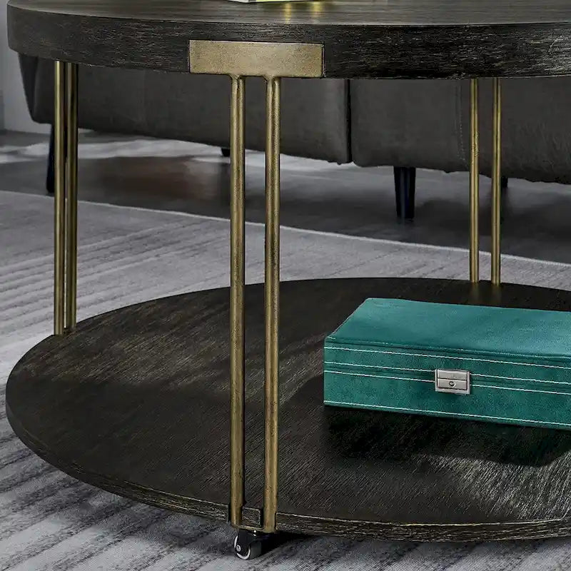 Table basse ronde à 2 niveaux avec étagère de rangement en bois massif