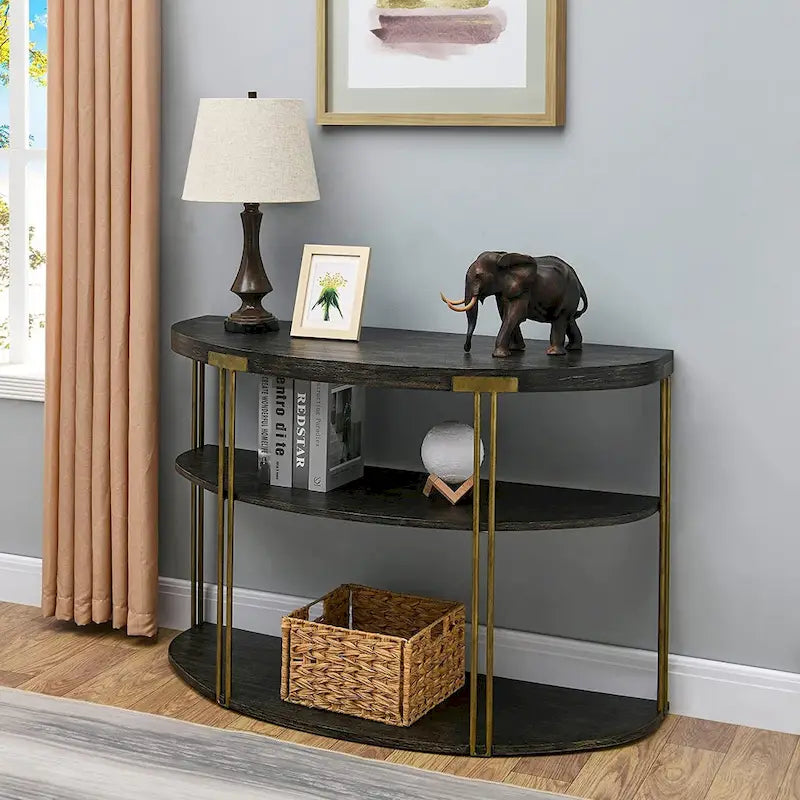 Table basse ronde à 2 niveaux avec étagère de rangement en bois massif