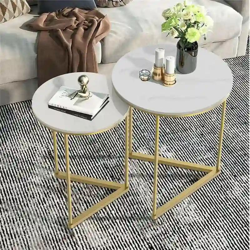 2 tables basses gigognes rondes modernes en faux marbre avec étagère de rangement