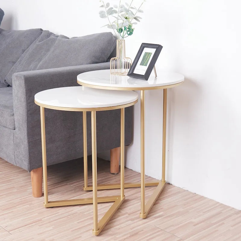2 tables basses gigognes rondes modernes en faux marbre avec étagère de rangement