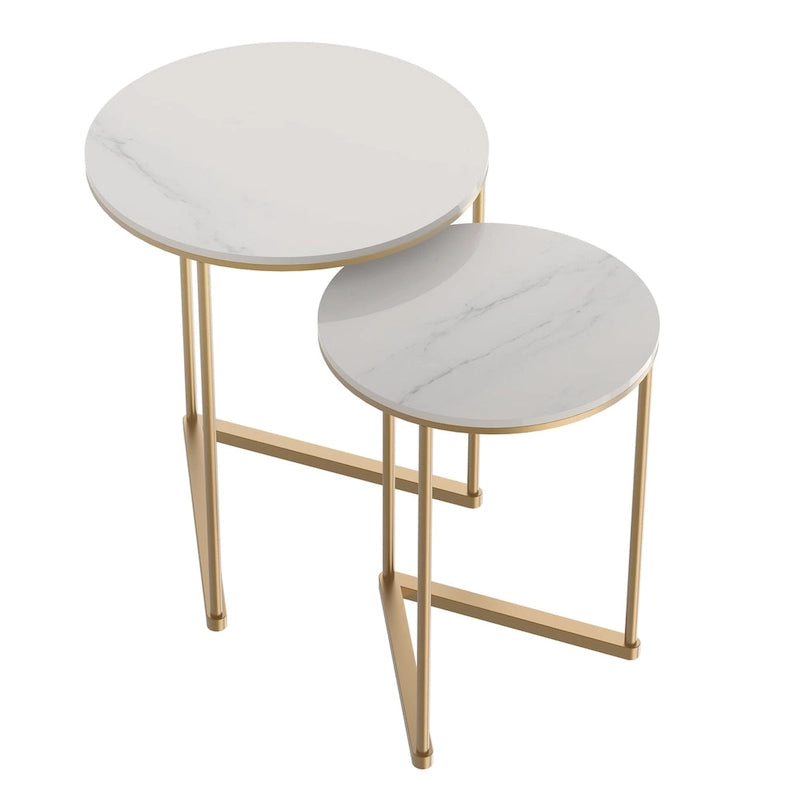 2 tables basses gigognes rondes modernes en faux marbre avec étagère de rangement