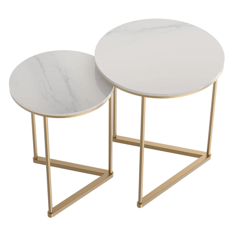 2 tables basses gigognes rondes modernes en faux marbre avec étagère de rangement