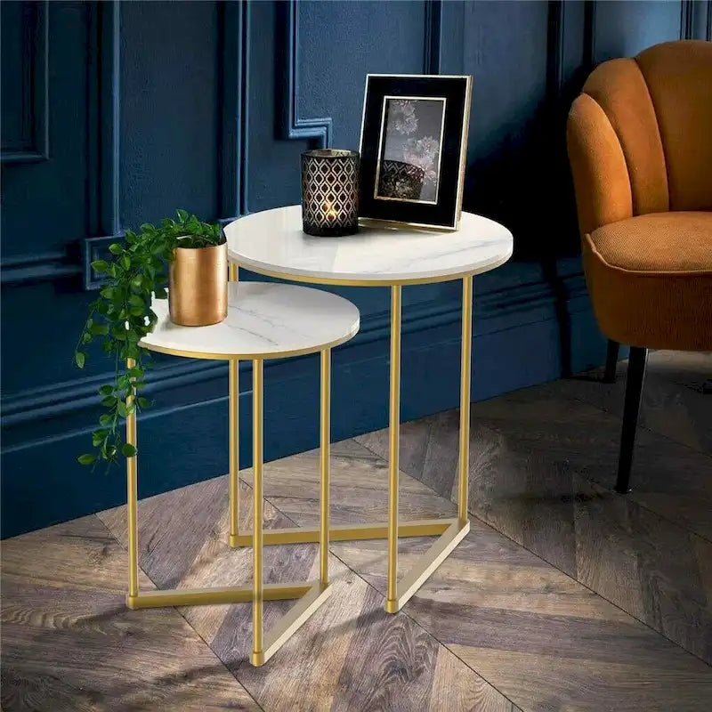 2 tables basses gigognes rondes modernes en faux marbre avec étagère de rangement