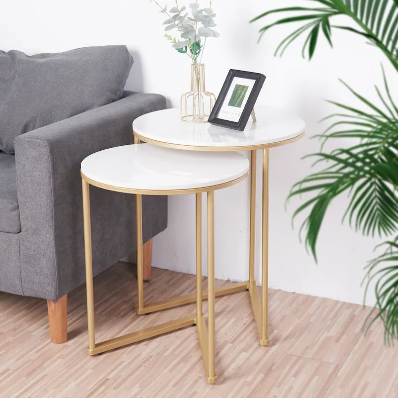 2 tables basses gigognes rondes modernes en faux marbre avec étagère de rangement