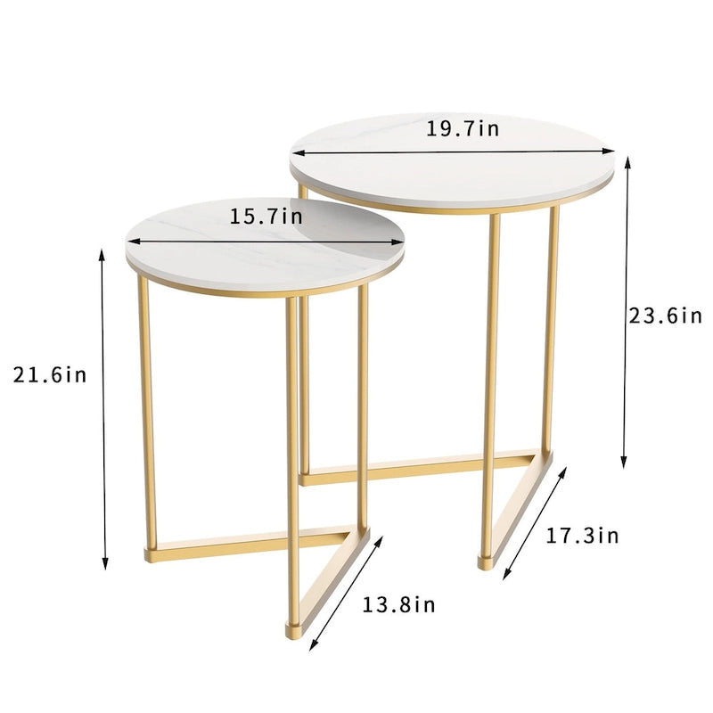 2 tables basses gigognes rondes modernes en faux marbre avec étagère de rangement
