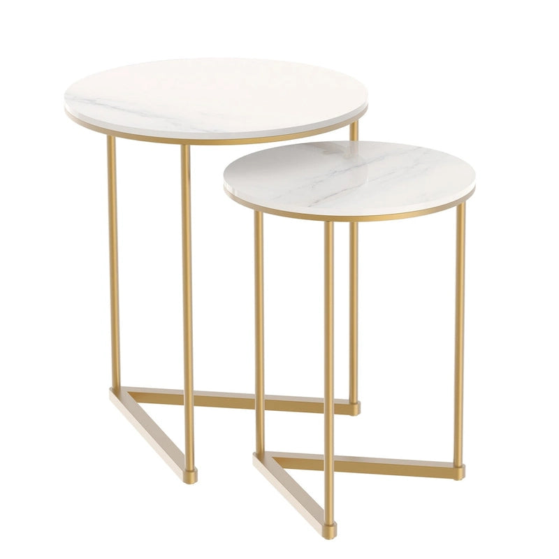 2 tables basses gigognes rondes modernes en faux marbre avec étagère de rangement