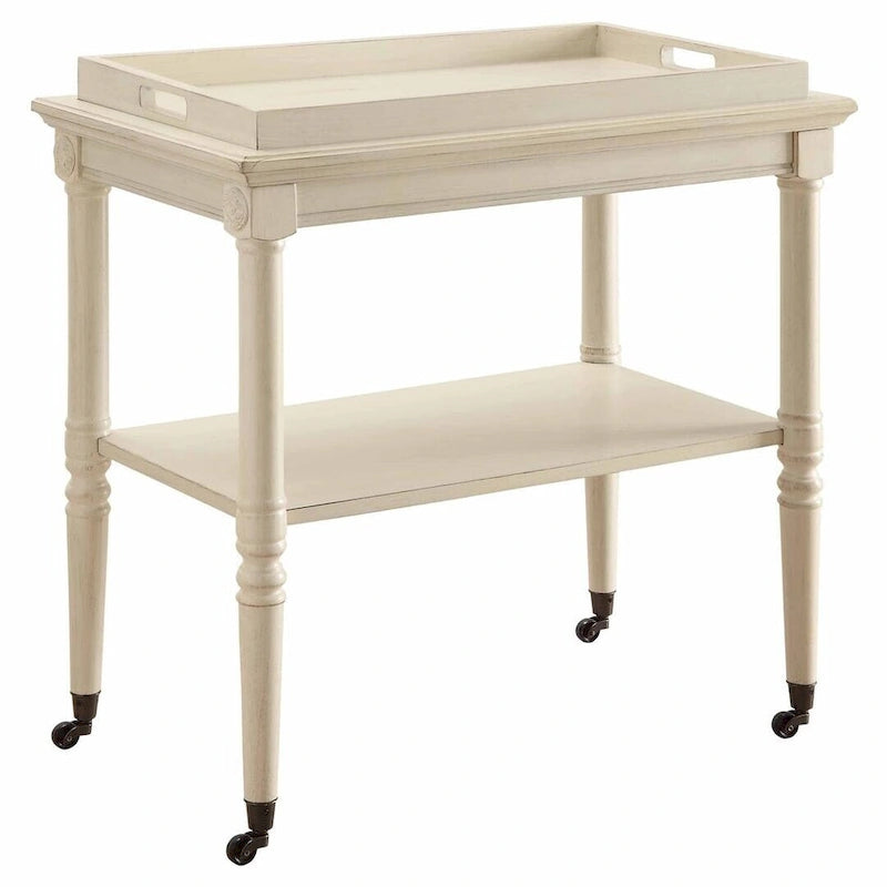 HomeRoots Chariot de bar roulant en bois blanc vieilli 30 po L x 18 po P x 32 po H