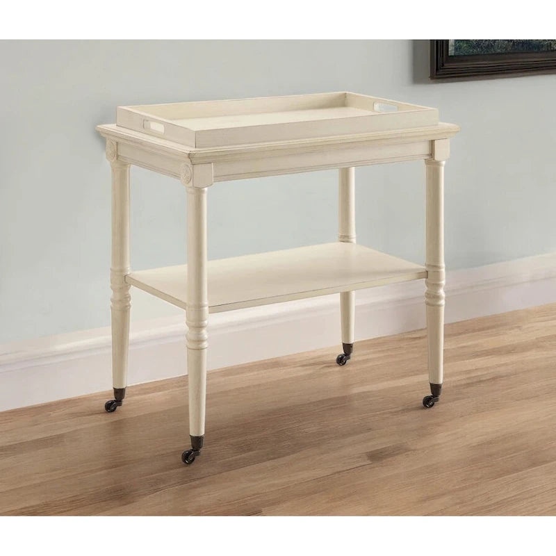 HomeRoots Chariot de bar roulant en bois blanc vieilli 30 po L x 18 po P x 32 po H