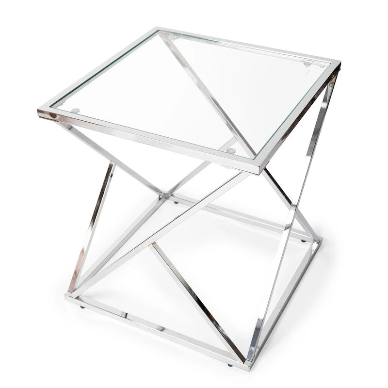 Table d'appoint carrée Danya B. avec base en chrome poli et plateau en verre transparent