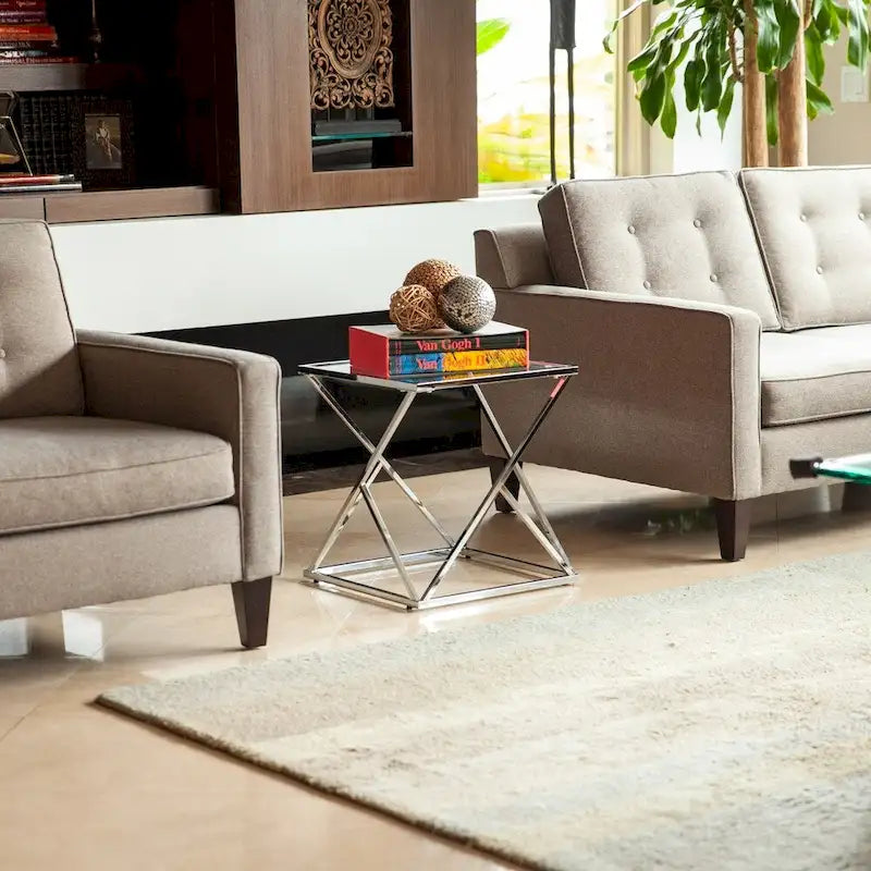 Table d'appoint carrée Danya B. avec base en chrome poli et plateau en verre transparent