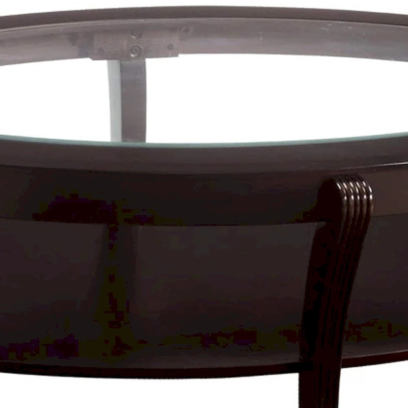 Table basse de cocktail ovale en bois, avec insert en verre et étagère ouverte, brun expresso