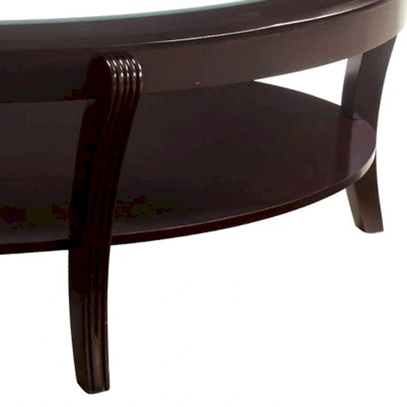 Table basse de cocktail ovale en bois, avec insert en verre et étagère ouverte, brun expresso