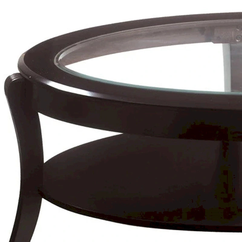 Table basse de cocktail ovale en bois, avec insert en verre et étagère ouverte, brun expresso
