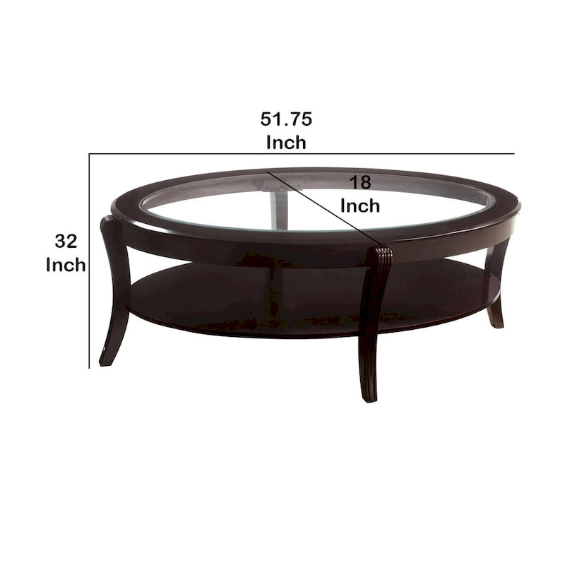 Table basse de cocktail ovale en bois, avec insert en verre et étagère ouverte, brun expresso