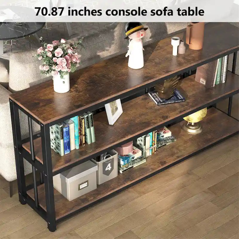 Console étroite vintage marron à 3 niveaux, table d'appoint de 70,9 pouces de long pour petits espaces
