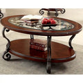 Table basse Cienna à plateau en verre de 48 po et 1 étagère, motif enroulé, finition cerisier marron traditionnel