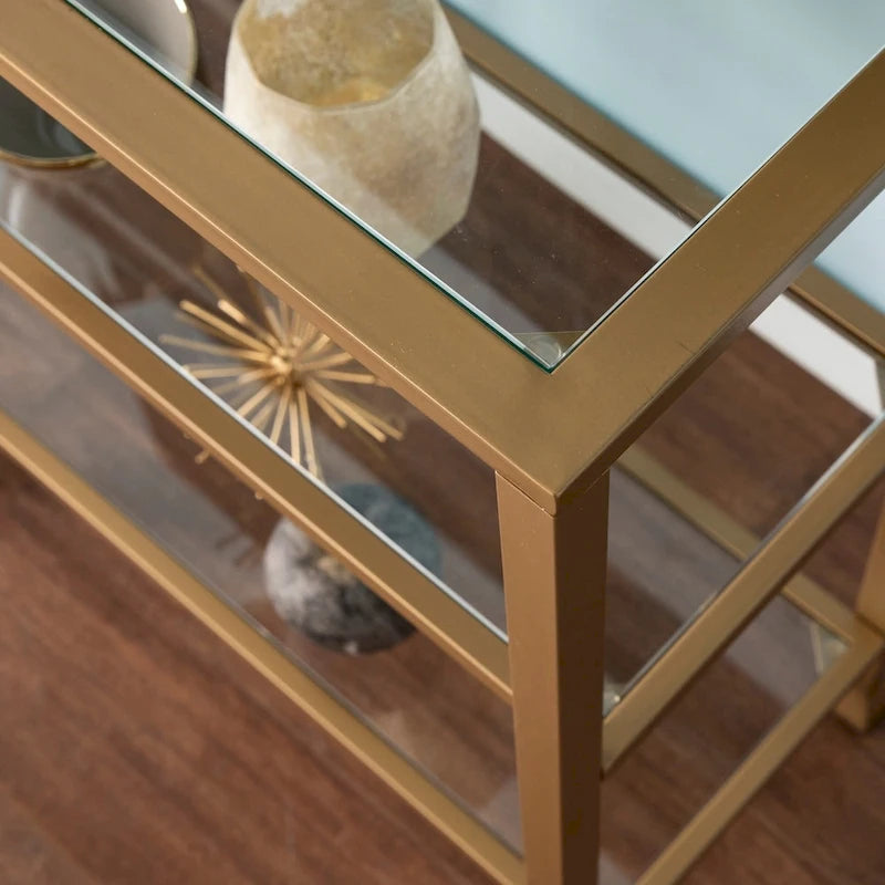 Console étroite SEI Furniture Jensen en métal avec étagères en verre - Doré