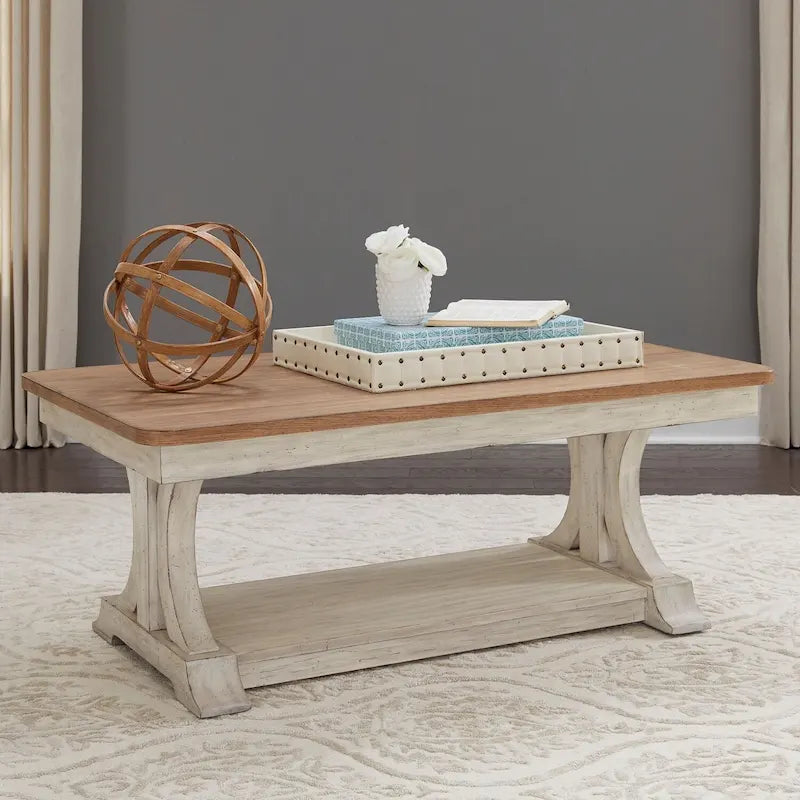Table basse rectangulaire Farmhouse Reimagined blanc antique avec plateau couleur châtaigne