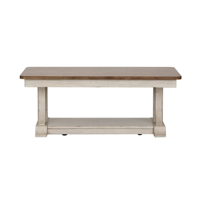Table basse rectangulaire Farmhouse Reimagined blanc antique avec plateau couleur châtaigne