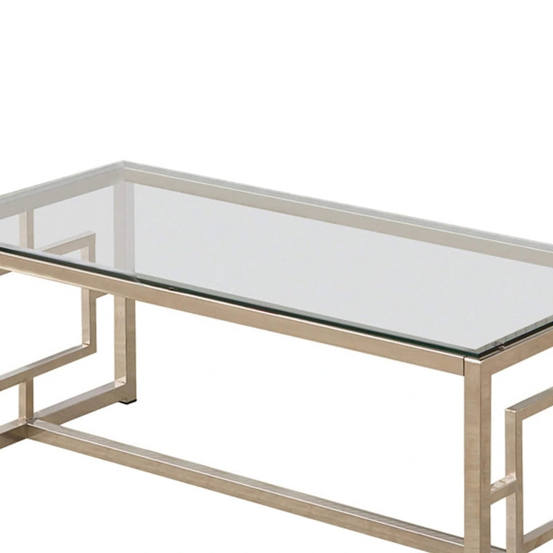 Table basse à plateau en verre trempé avec découpes en treillis, argent et transparent