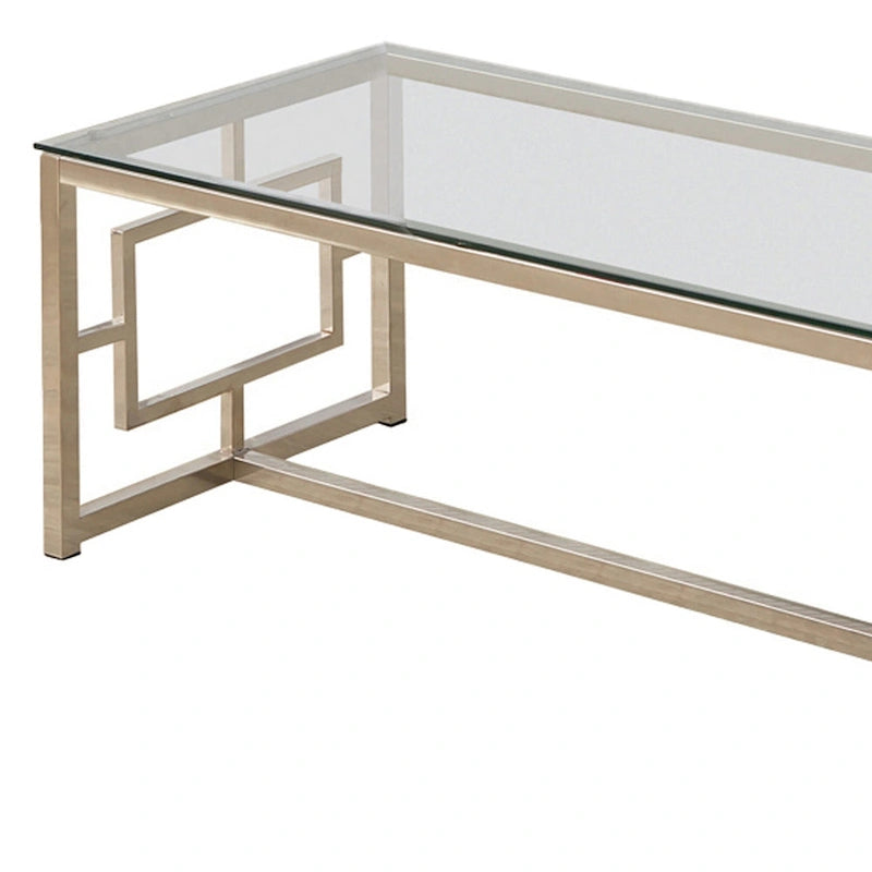 Table basse à plateau en verre trempé avec découpes en treillis, argent et transparent