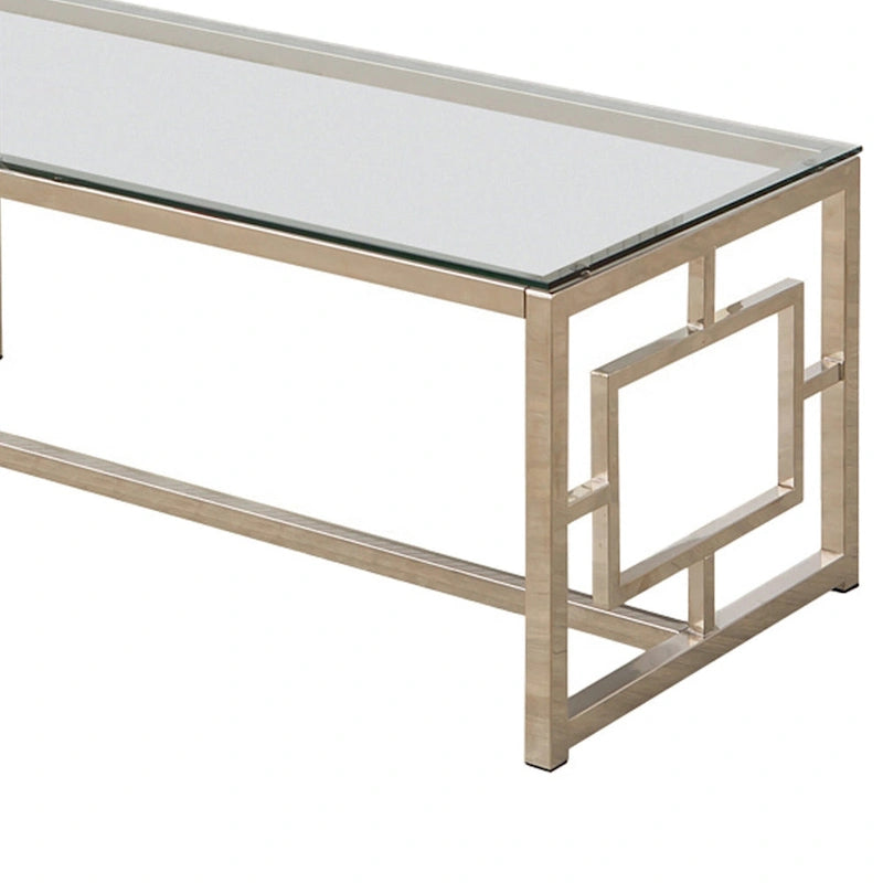 Table basse à plateau en verre trempé avec découpes en treillis, argent et transparent