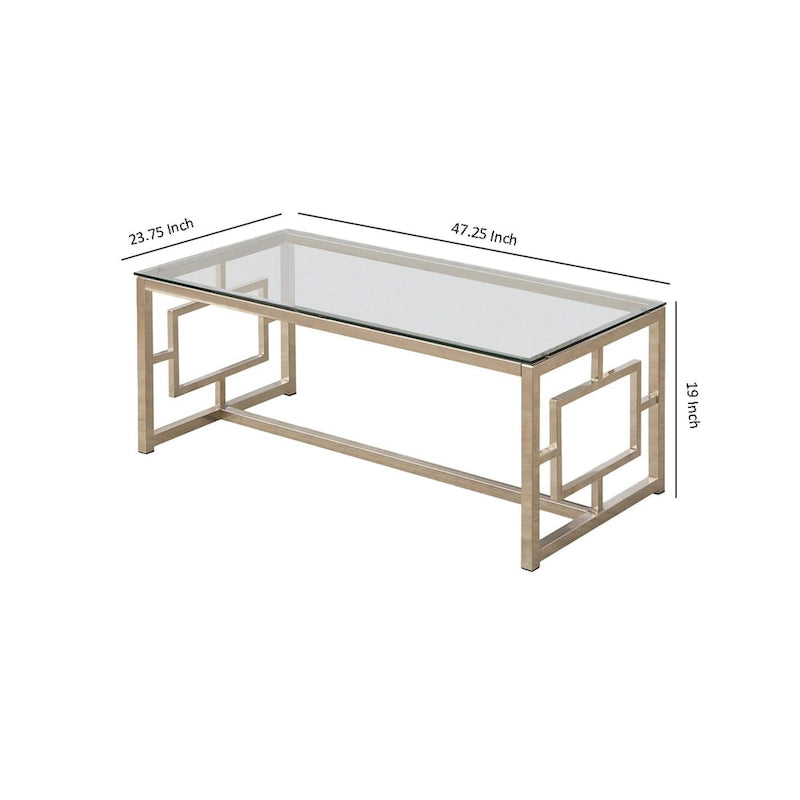 Table basse à plateau en verre trempé avec découpes en treillis, argent et transparent
