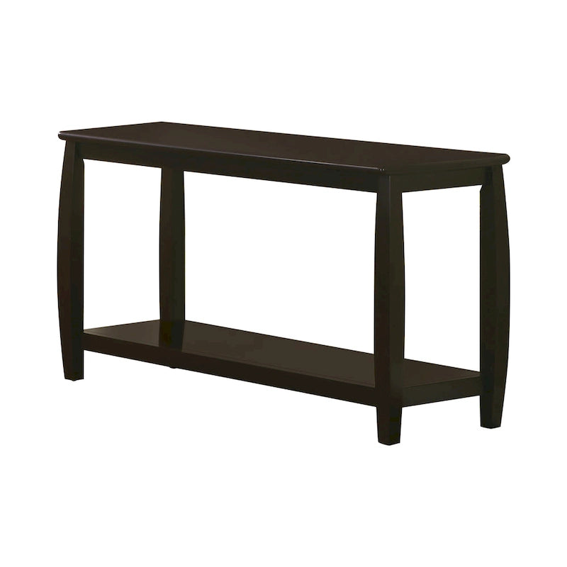 Table basse de salon en bois massif de style contemporain, légèrement arrondie, marron foncé