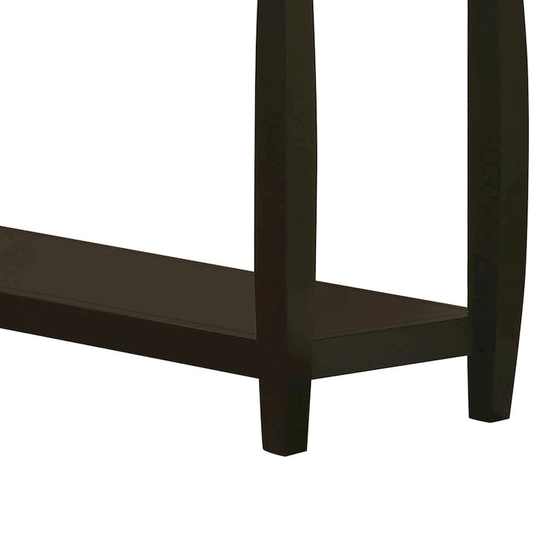 Table basse de salon en bois massif de style contemporain, légèrement arrondie, marron foncé