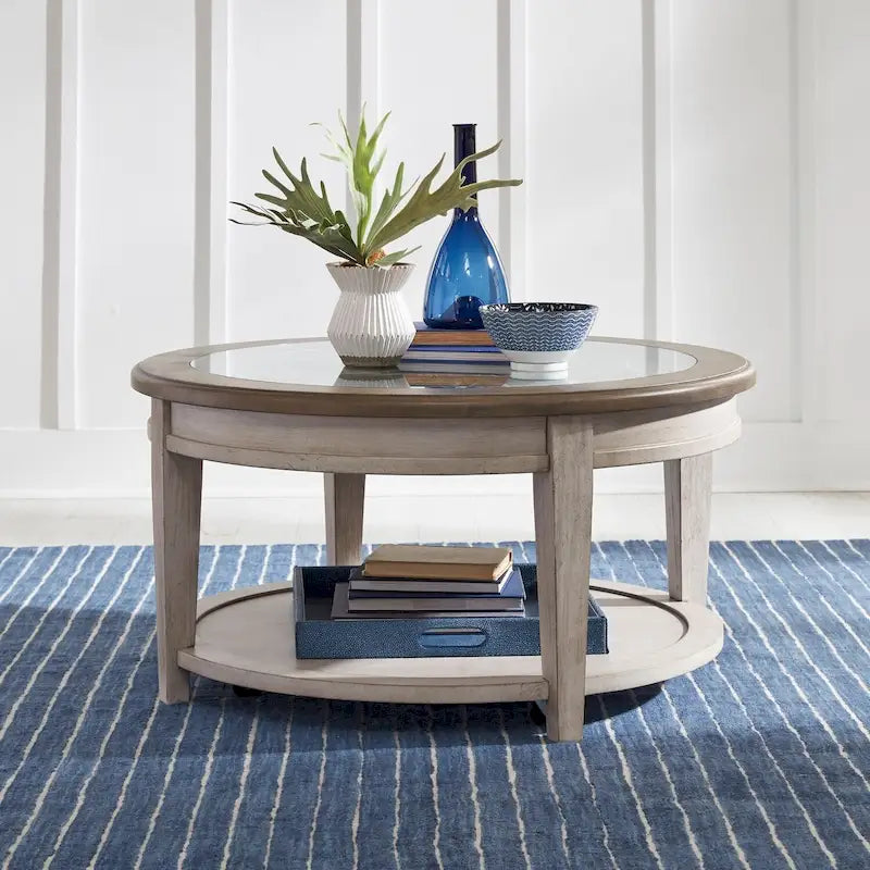 Table basse ronde Heartland Antique White & Tobacco avec carreaux de plafond