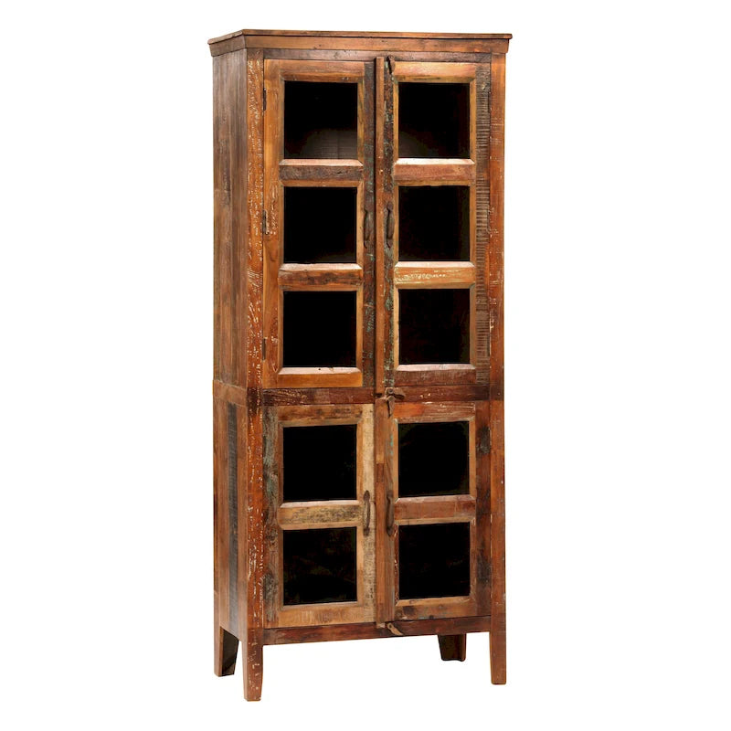 Armoire de rangement Journee de 213 cm de haut en bois de manguier recyclé peint aspect vieilli et verre